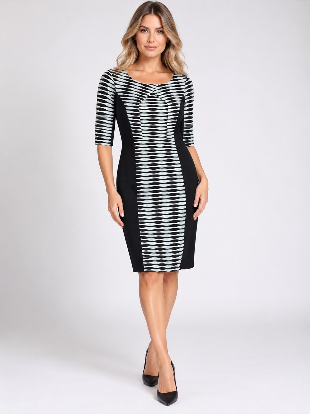 Emma Michele Womens 6 Sheath Dress Geometric Optical Illusion Black White 20880
